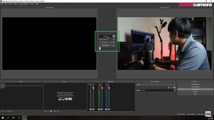 How to ต่อกล้องไลฟ์สด Facebook สวย ๆ ด้วยกล้อง Mirrorless ผ่านโปรแกรมฟรี OBS Studio 22 Studio Mode ในโปรแกรม OBS การ Transition