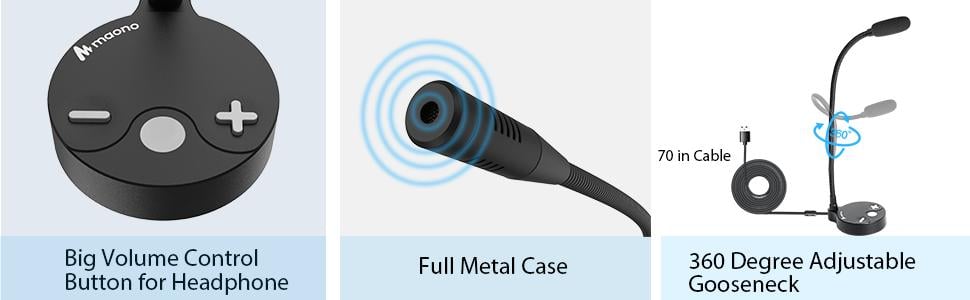 Maono AU-GM10 Gooseneck Microphone USB Cardioid Condenser Mic (ประกันศูนย์) 16 Transducer Type: Electret Condenser, 10mm Polar Pattern: Cardioid Frequency Range: 100Hz~8KHz Bit Depth: 16 bit Sampling Rate: 48KHz Max SPL: 105db LED Indicator: Green-unmute; Red-mute