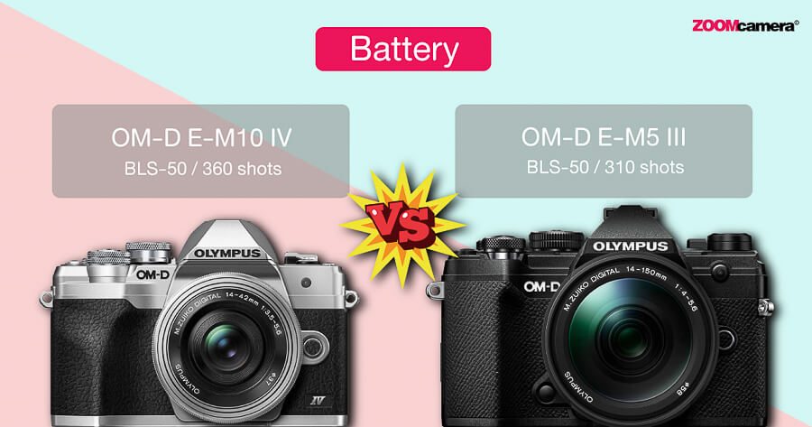 เปรียบเทียบ Olympus OM-D E-M10 IV vs Olympus OM-D E-M5 III แบตเตอรี่