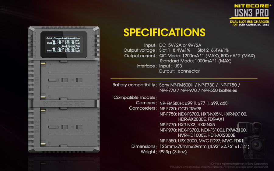 Nitecore USN3 Pro Sony dual-slot USB fast charger