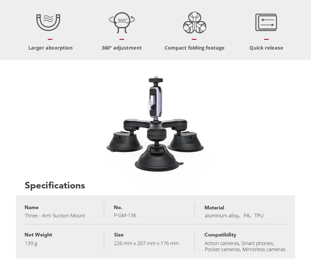 PGYTECH Three-Arm Suction Mount