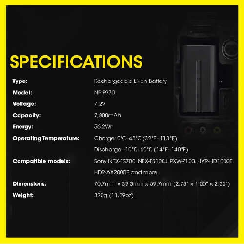 Nitecore Battery NP-F970 7,800mAh 7.2V for Sony Video Cameras