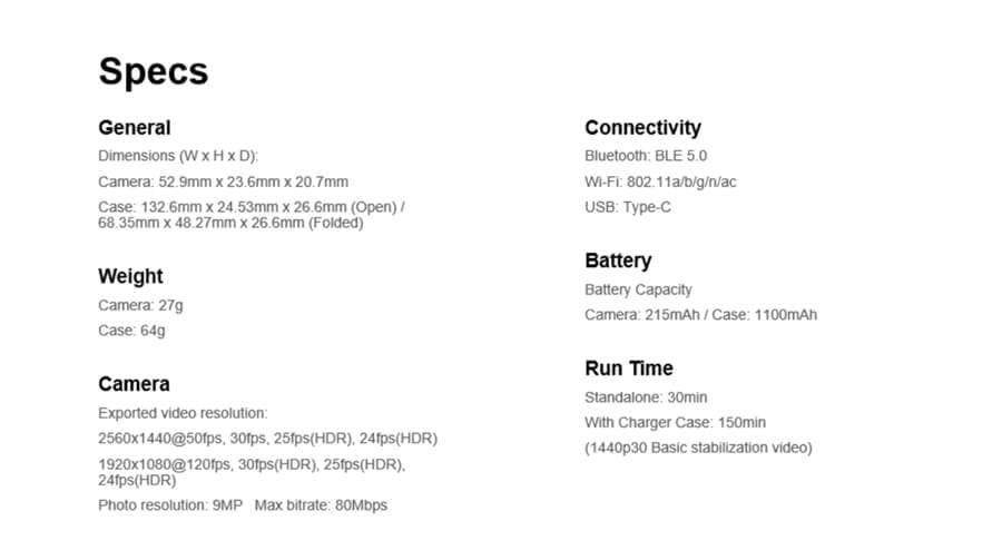 Insta360 Go 2 specs