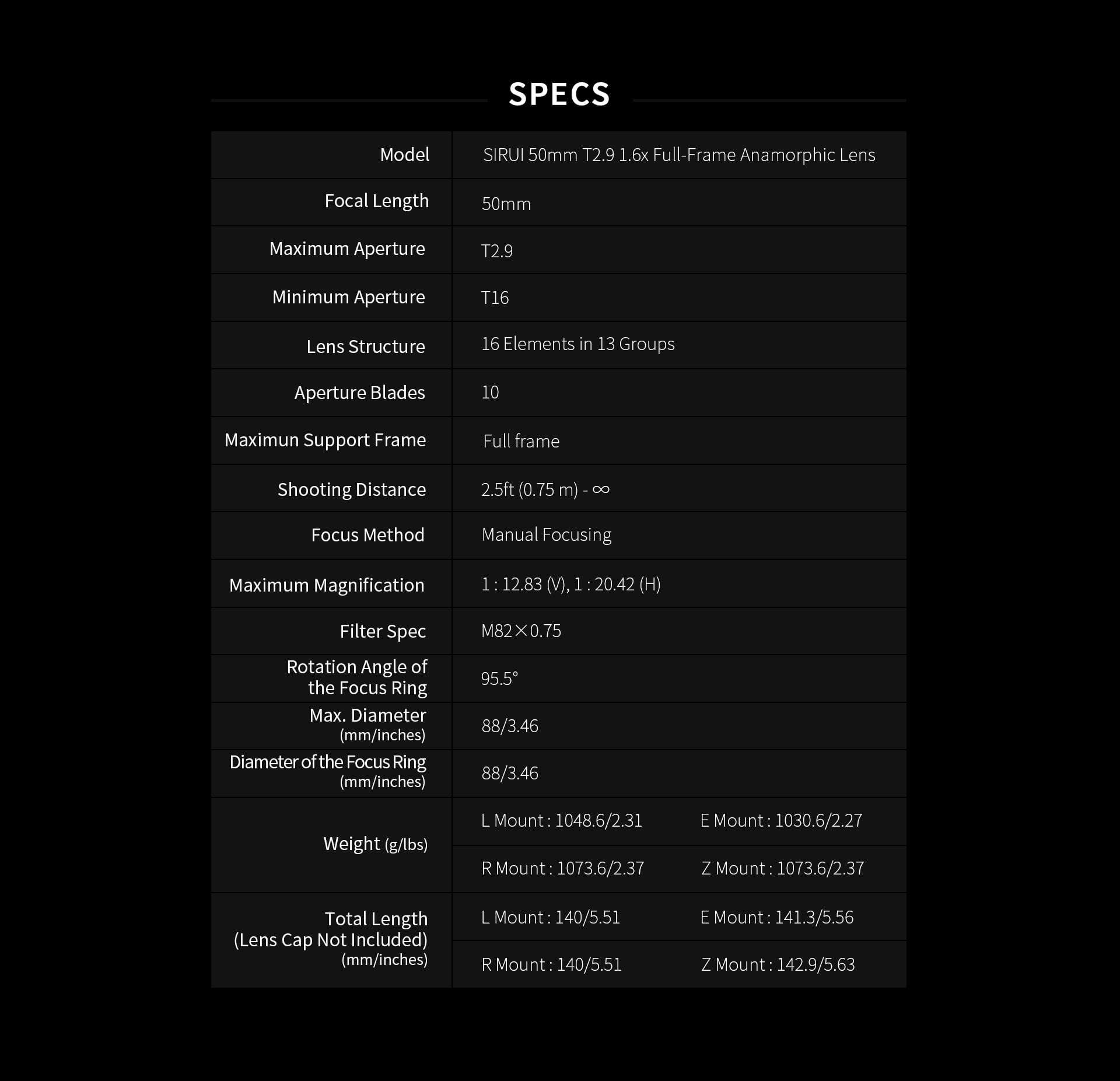 SIRUI 50mm T2.9 1.6x Full-Frame Anamorphic Lens