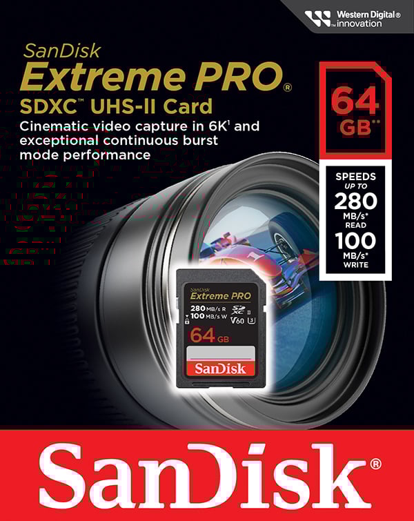 SanDisk Extreme PRO 64GB SDXC U3 V60 UHS-II R280W100 Card SDSDXEP-064G-GN4IN