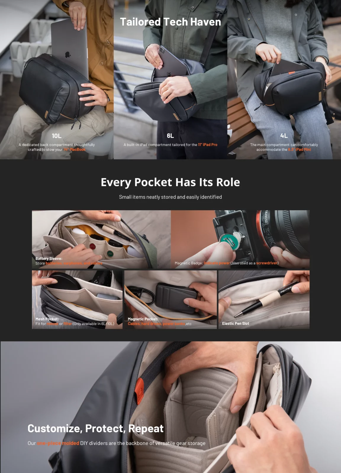 PGYTECH OneGo Solo V2 กระเป๋ากล้องสะพายข้าง ช่องเก็บเยอะ กันละอองน้ำ 7 PGYTECH OneGo Solo V2 ช่องใส่อุปกรณ์