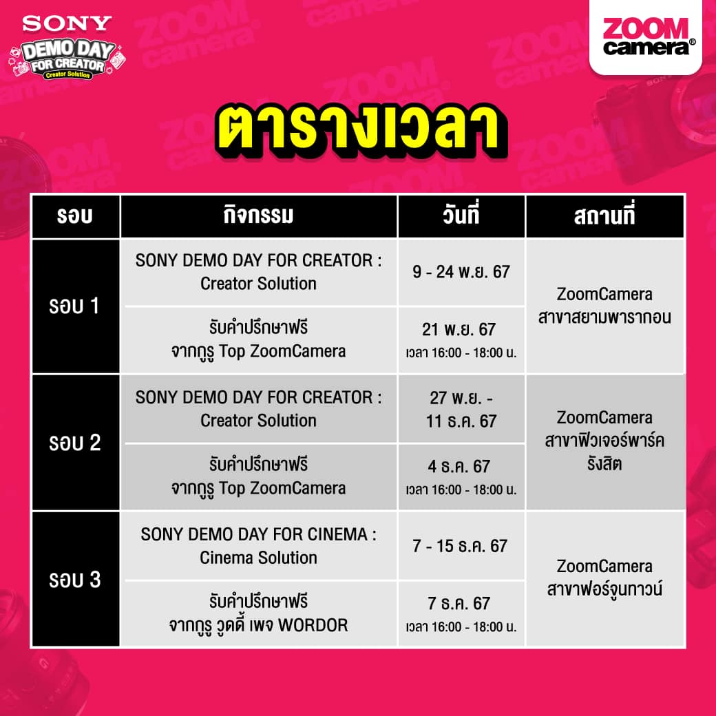 ทดลองใช้ฟรี ! ชุดอุปกรณ์สำหรับคอนเทนต์ครีเอเตอร์ และ คนรักการถ่ายวีดีโอ | SONY DEMO DAY FOR CREATOR : Creator Solution presented by Sony X ZoomCamera 2 กำหนดการกิจกรรม DEMO DAY FOR CREATOR : Creator Solution presented by Sony X ZoomCamera