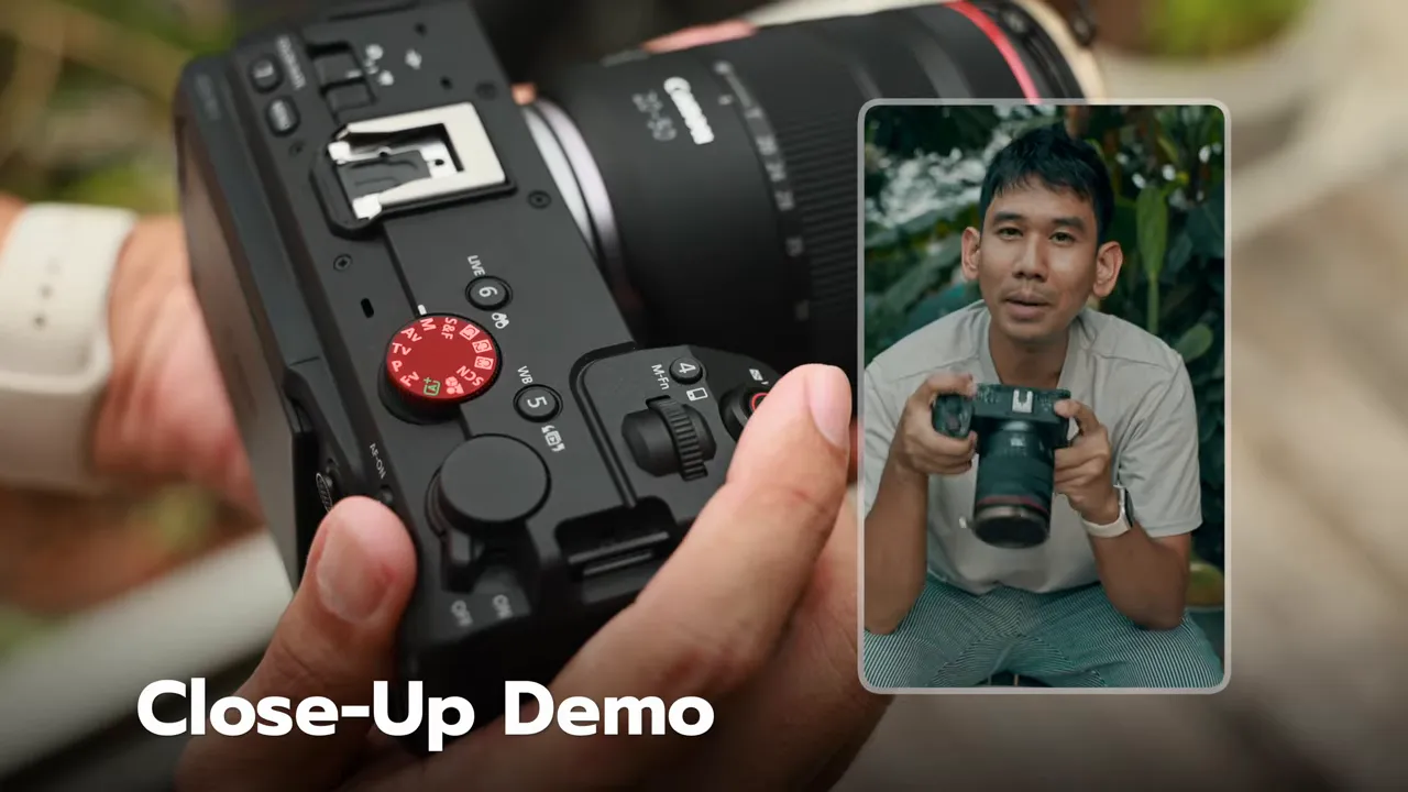มุมบนตัวกล้องพร้อมข้อความ Close-Up Demo และภาพตัวอย่างยื่นกล้องเข้าหาเลนส์
