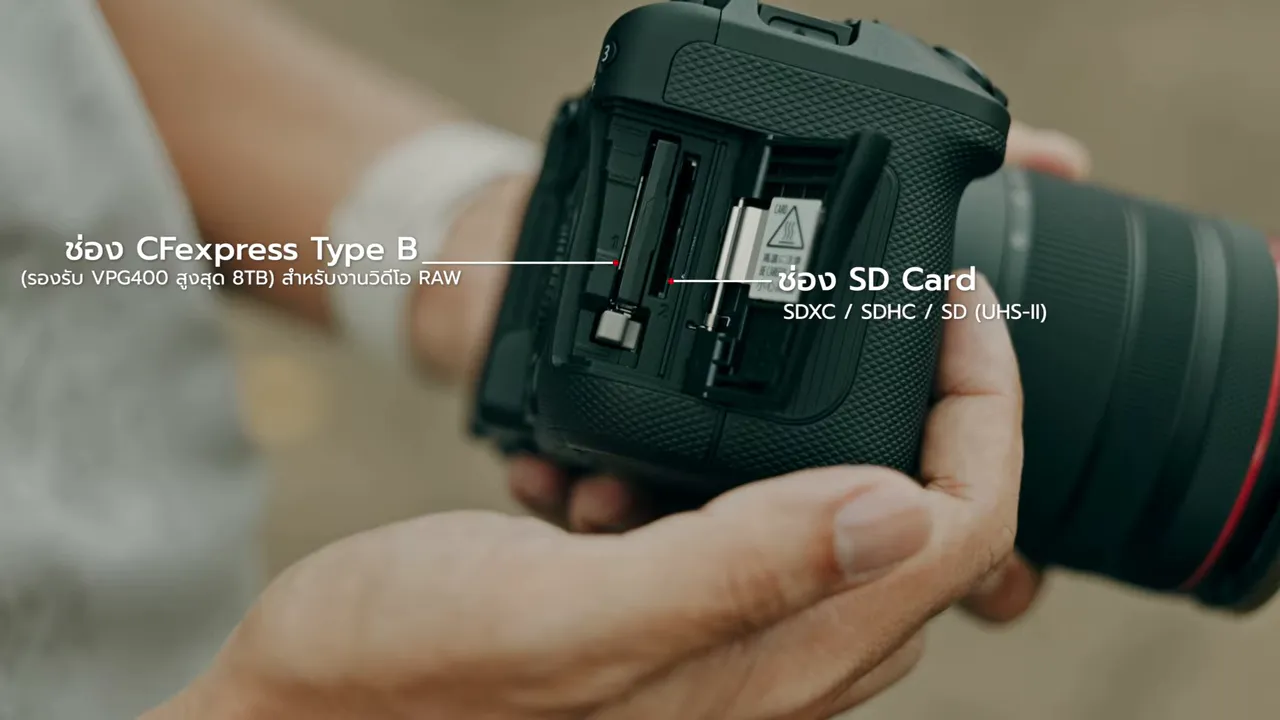 ช่องใส่การ์ดของตัวกล้องแสดง CFexpress Type B และ SD Card