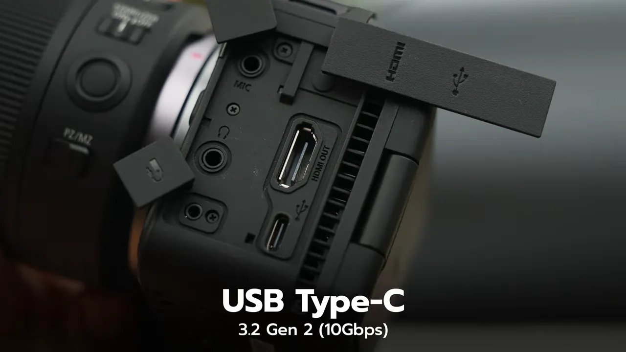 พอร์ตด้านข้างตัวกล้องแสดง HDMI Type A และ USB Type C