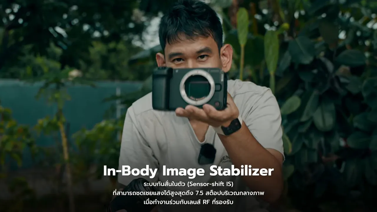 ด้านหน้าตัวกล้องพร้อมข้อความ In-Body Image Stabilizer