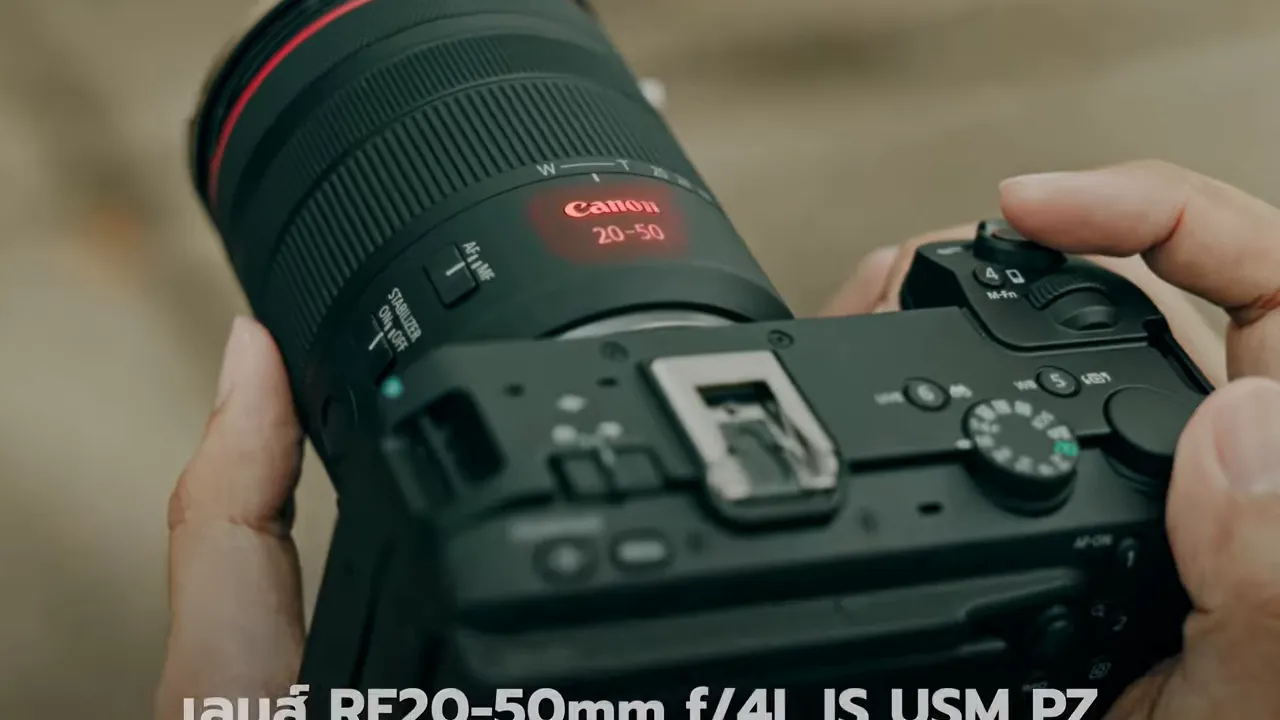 ตัวกล้องพร้อมเลนส์และข้อความ เลนส์ RF20-50mm f4 L IS USM PZ